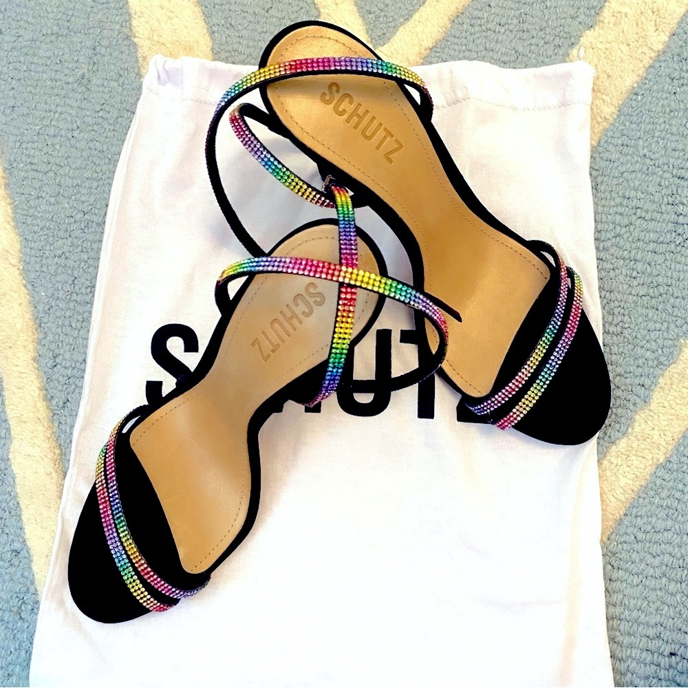 SCHUTZ Rainbow Rhinestone Strappy Heels